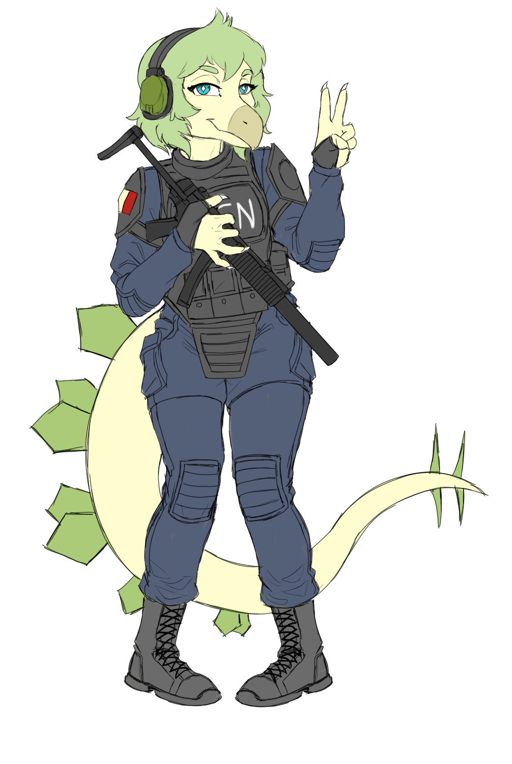 5_fingers alpha_channel anthro armor armored_vest automatic_weapon blue_eyes body_armor boots clothed clothing colored dinosaur earmuffs female fingers footwear french_flag gesture gign goodbye_volcano_high green_body green_hair green_scales green_spikes gun hair heckler_and_koch hi_res holding_gun holding_object holding_submachine_gun holding_weapon insignia knock-kneed long_tail looking_at_viewer mp5 ornithischian plantigrade police_uniform ranged_weapon reptile scales scalie shoulder_pads simple_background smile snoot_game snout solo spiked_tail spikes spikes_(anatomy) standing stegosaurian stegosaurus stella_(snoot_game) tail tail_plates thyreophoran transparent_background uniform unknown_artist v_sign weapon