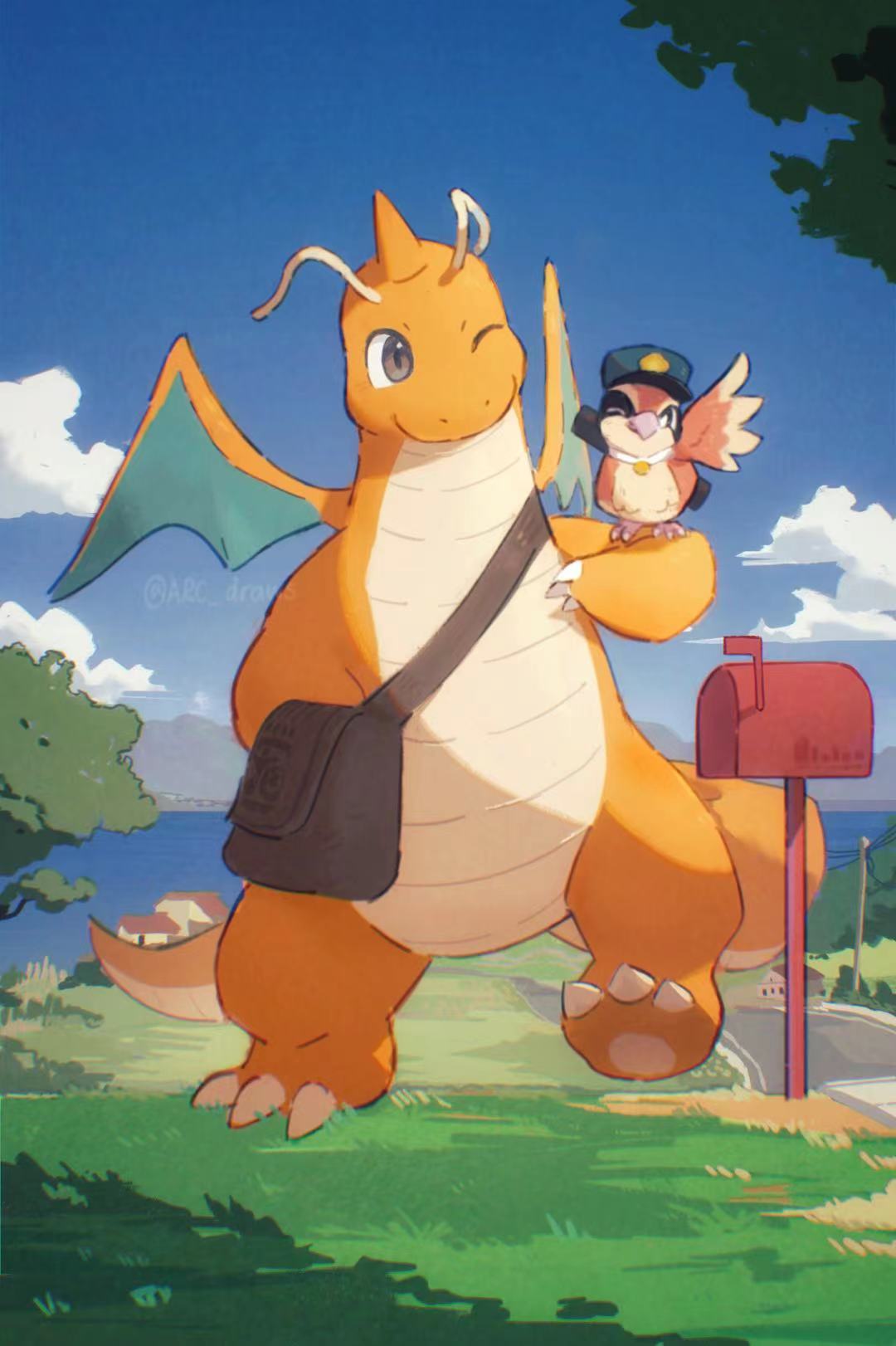 ;) arc_draws bag bird brown_bag building claws clothed_pokemon cloud commentary_request day dragonite grass highres no_humans one_eye_closed outdoors pidgey pokemon pokemon_(creature) pokemon_on_arm shoulder_bag sky smile standing tree walking