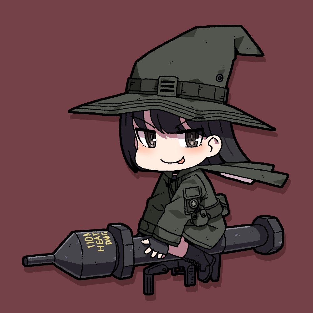 1girl black_eyes black_hair bob_cut boots cape chibi fingerless_gloves full_body gloves hat karepack looking_at_viewer military_uniform original panzerfaust_3 riding rocket_launcher short_hair simple_background smile tongue tongue_out uniform weapon witch witch_hat