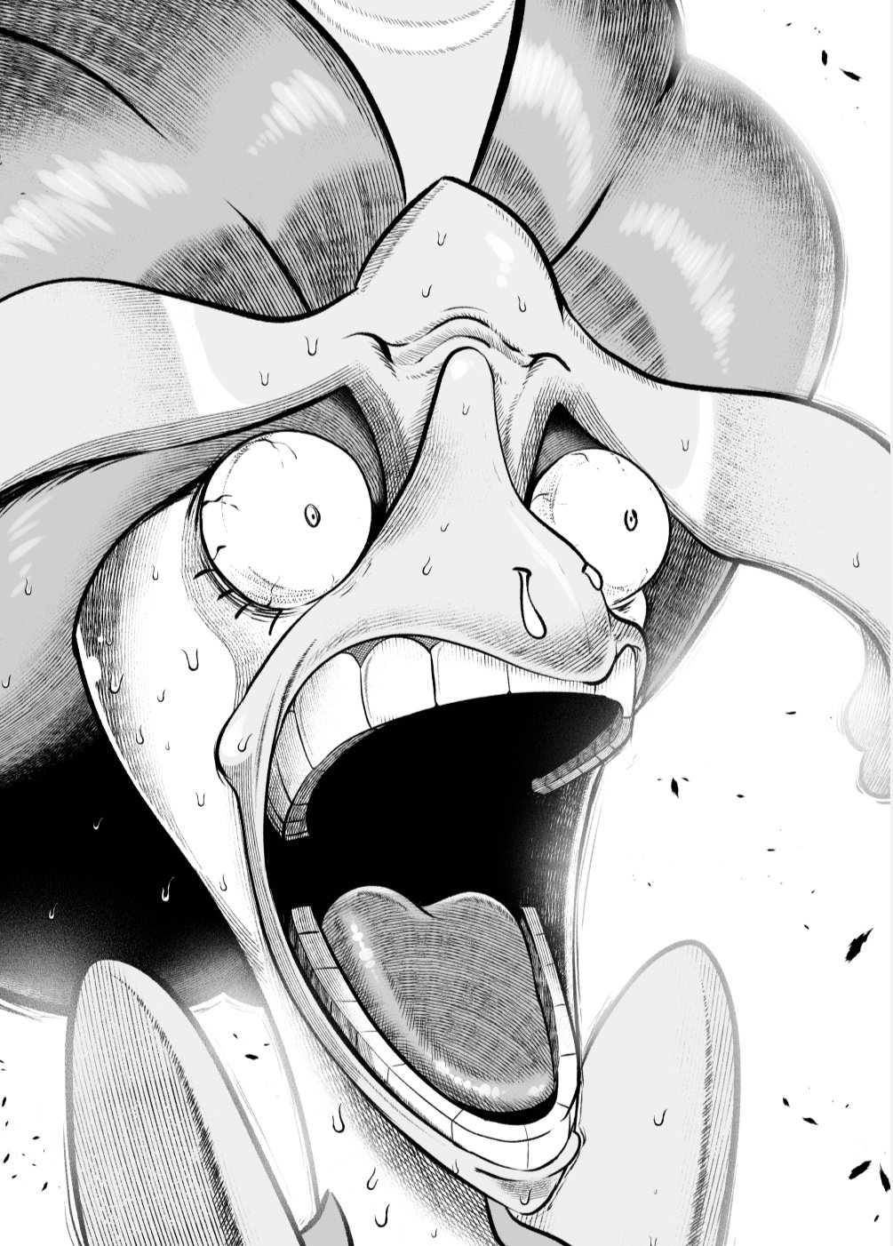 ambiguous_gender anthro beak better_version_at_paywall bodily_fluids cropped enel eyes_popping_out gaping_mouth generation_9_pokemon greyscale hair hi_res humor kicktyan meme monochrome nintendo open_mouth pokemon pokemon_(species) quaquaval reaction_image runny_nose shocked shocked_expression solo surprise surprised_expression sweat teeth