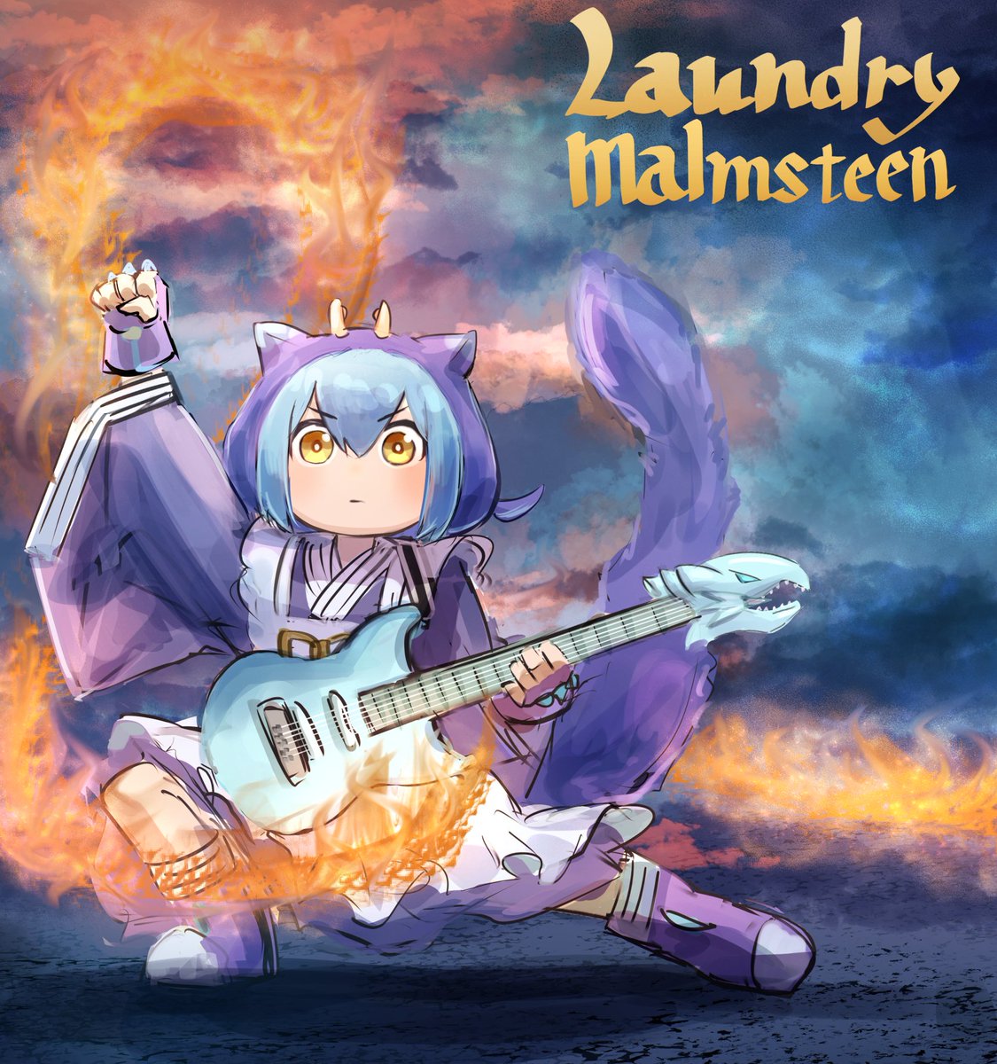 1girl album_cover album_cover_redraw apron arm_up blue-eyes_white_dragon blue_hair cover derivative_work dragon_girl dragon_horns electric_guitar english_text fire full_body guitar hatano_kiyoshi highres horns instrument japanese_clothes kimono laundry_dragonmaid looking_at_viewer maid parody real_life solo the_melody_of_awakening_dragon wa_maid yellow_eyes yngwie_malmsteen yu-gi-oh!