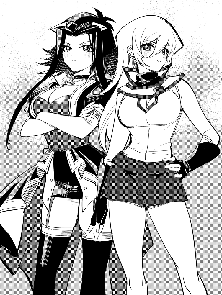 2girls breasts cleavage crossed_arms duel_academy_uniform_(yu-gi-oh!_gx) elbow_gloves fingerless_gloves gloves hair_between_eyes hand_on_own_hip izayoi_aki jiayu_long large_breasts looking_at_viewer monochrome multiple_girls skirt smile tenjouin_asuka thighhighs yu-gi-oh! yu-gi-oh!_5d's yu-gi-oh!_gx