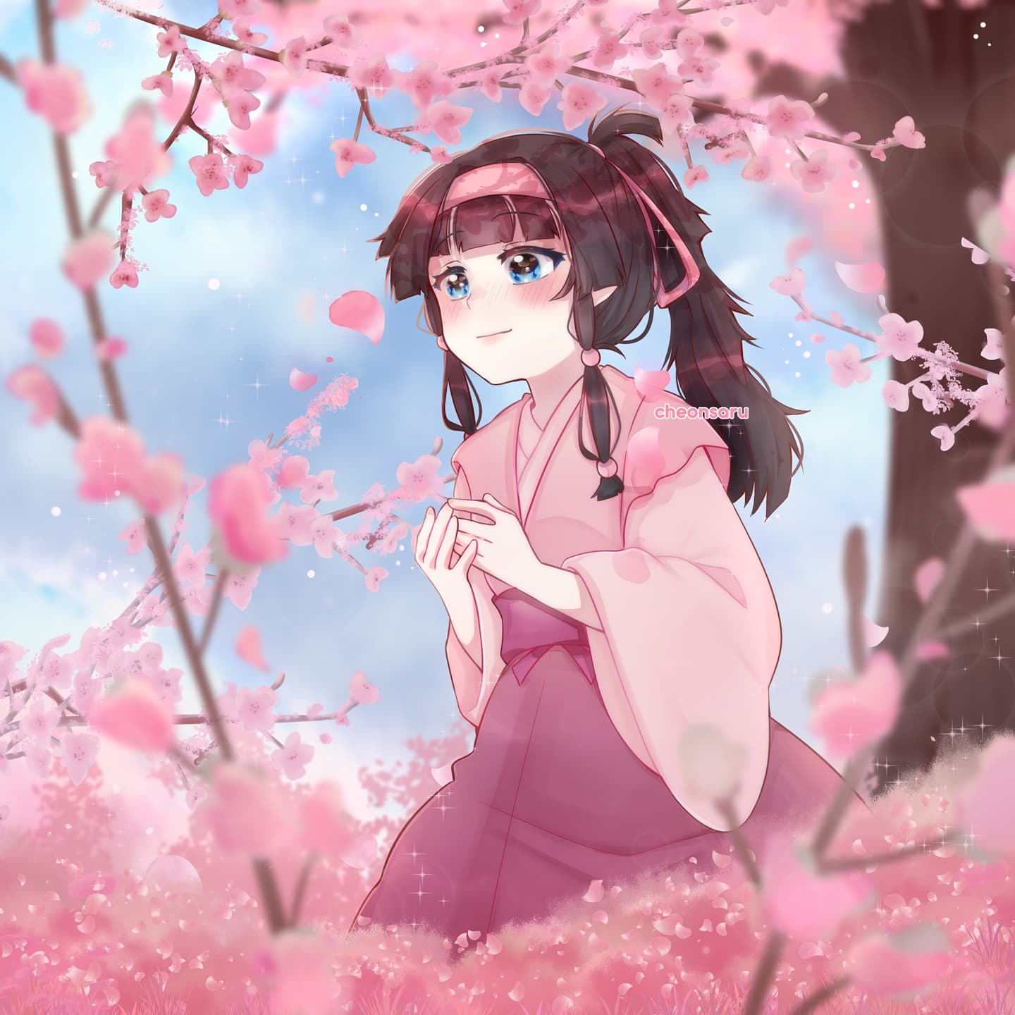 1girl alluka_zoldyck black_hair blue_eyes blush cheonsaru cherry_blossoms cherry_tree hair_ornament hairband highres hunter_x_hunter japanese_clothes long_hair long_sleeves looking_to_the_side multi-tied_hair signature sitting smile smiley_face solo