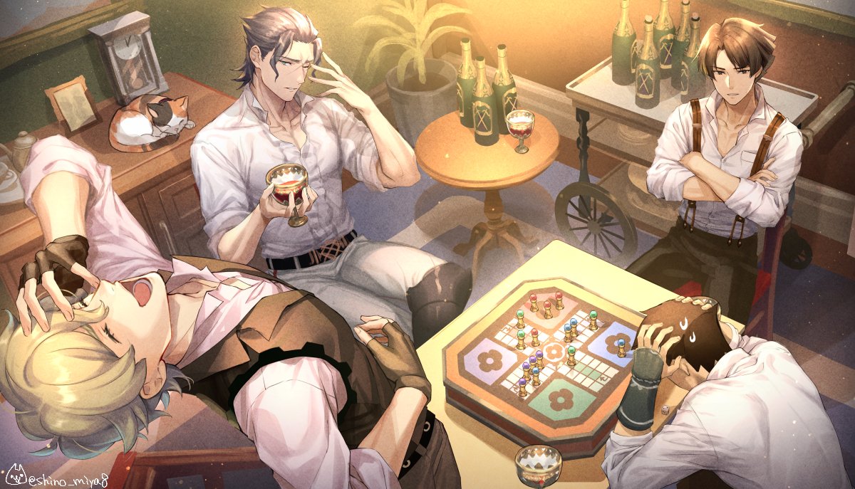 4boys ace_attorney arm_guards barok_van_zieks belt blonde_hair brown_belt brown_gloves brown_hair champagne_bottle collared_shirt crossed_arms crossed_legs cup drinking_glass fingerless_gloves from_above gloves hand_on_own_forehead hand_on_own_stomach hands_on_own_head herlock_sholmes holding holding_cup indoors kazuma_asogi laughing male_focus multiple_boys partially_unbuttoned plant potted_plant ryunosuke_naruhodo serving_cart shinobiya_fsaka shirt short_hair sitting sleeves_rolled_up smile standing suspenders sweatdrop table tabletop_game the_great_ace_attorney vest wagahai_(ace_attorney) white_shirt wine_glass