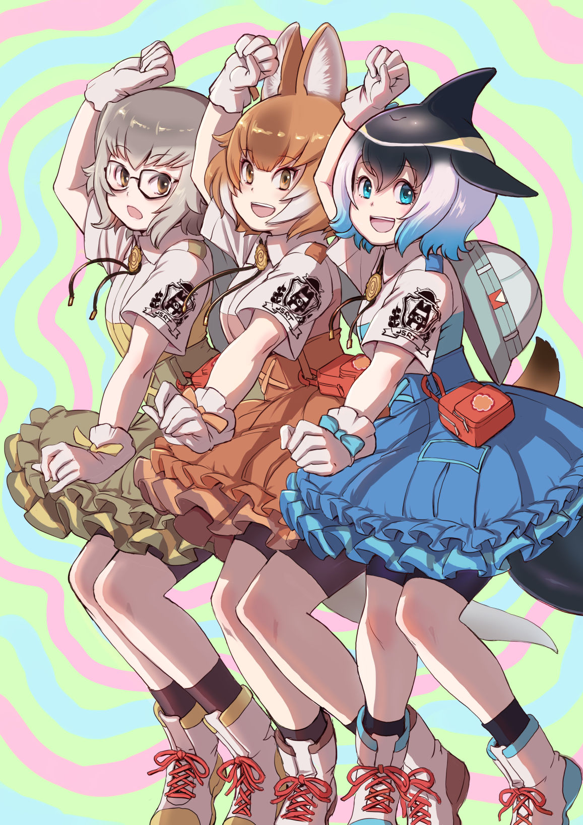 3girls :d animal_ears bike_shorts black_hair blonde_hair blowhole blue_eyes blue_hair blue_shirt blue_skirt bolo_tie boots brown_eyes cetacean_tail collared_shirt common_dolphin_(kemono_friends) dancing dhole_(kemono_friends) dog_ears dog_girl dog_tail dorsal_fin epaulettes fins fish_tail frilled_skirt frills glasses gloves grey_hair grey_shirt grey_skirt hat_around_neck helmet high-waist_skirt highres kemono_friends kemono_friends_3 kosai_takayuki light_brown_hair matching_outfit meerkat_(kemono_friends) meerkat_ears meerkat_tail multicolored_hair multiple_girls official_alternate_costume open_mouth orange_shirt orange_skirt pith_helmet pleated_skirt revision shirt short_hair short_sleeves shorts shorts_under_skirt skirt smile socks tail two-tone_hair two-tone_shirt uniform white_gloves white_hair