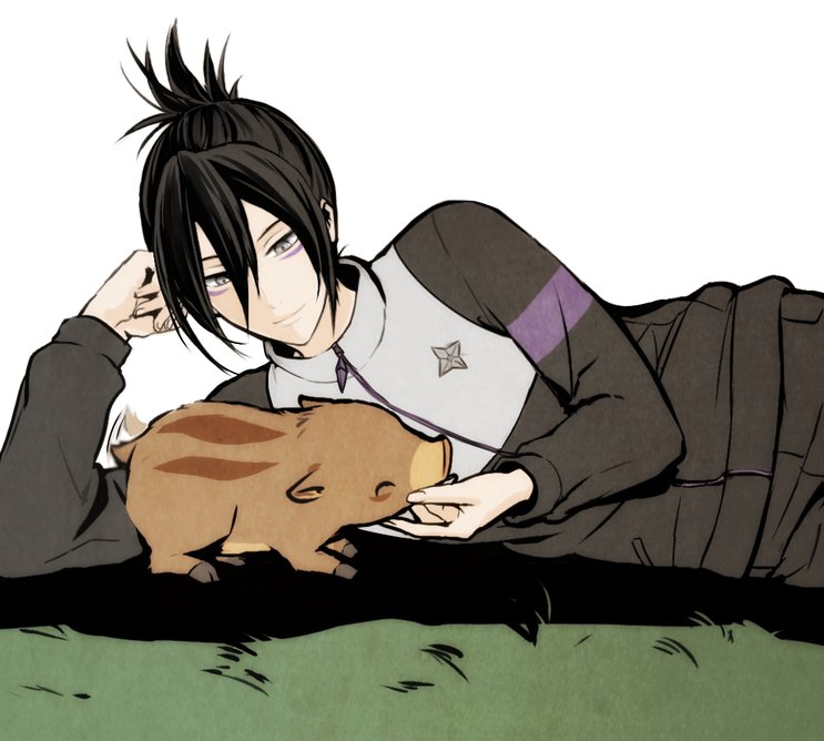 1boy bishounen black_hair closed_mouth facial_mark folded_ponytail grey_eyes hair_between_eyes long_sleeves looking_at_another male_focus on_grass one-punch_man onsoku_no_sonic piglet short_hair smile sportswear tb_(spr1110)