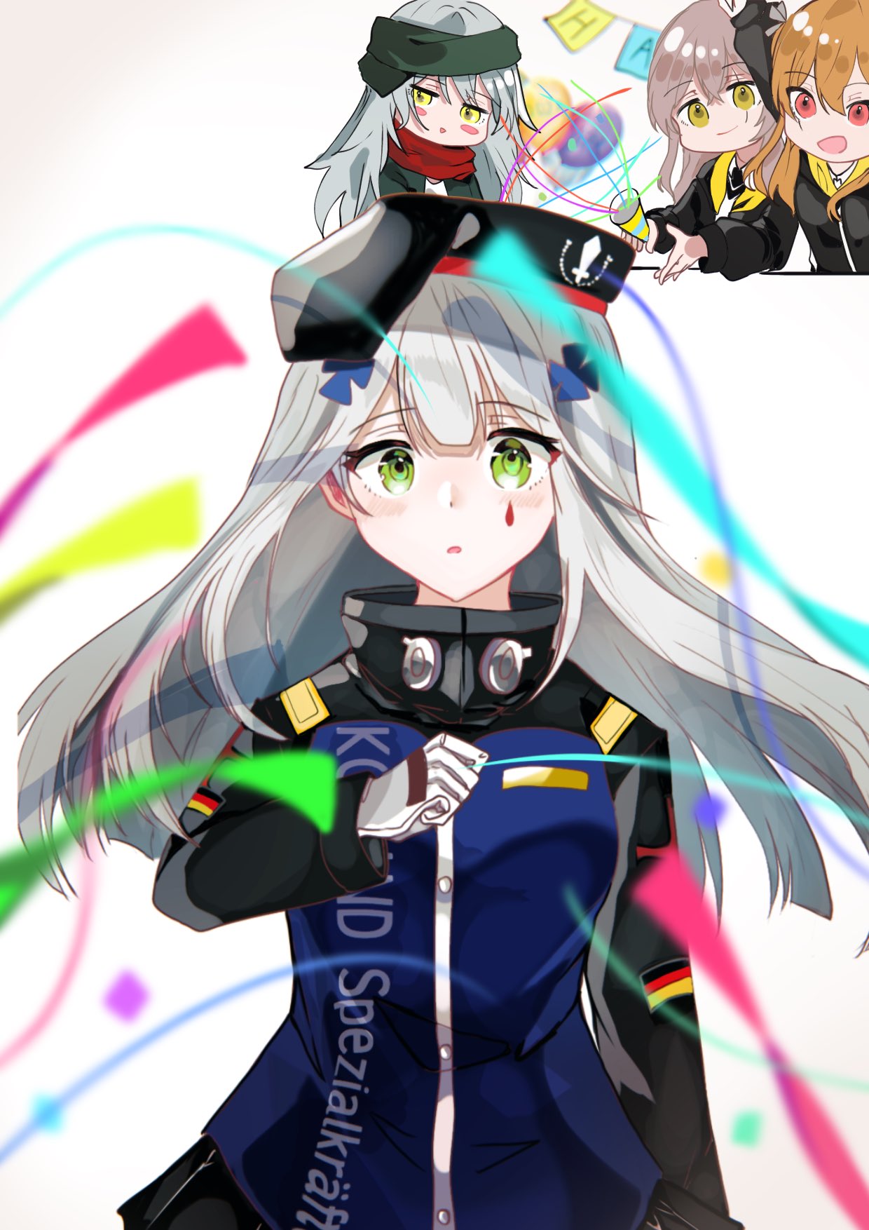 416_day 4girls beret chibi chibi_inset commentary_request confetti facial_mark g11_(girls'_frontline) german_flag girls'_frontline gloves green_eyes grey_hair hair_ornament hat highres hk416_(girls'_frontline) holding_party_popper jacket long_hair multiple_girls open_mouth party_popper smile streamers ump45_(girls'_frontline) ump9_(girls'_frontline) upper_body white_gloves yossi_art