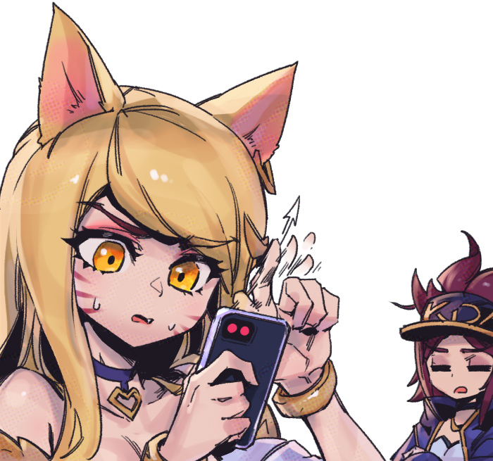 2girls ahri_(league_of_legends) akali animal_ears black_headwear blonde_hair bracelet choker collarbone crossed_arms earrings facial_mark fox_ears hands_up holding holding_phone jacket jewelry k/da_(league_of_legends) k/da_ahri k/da_akali league_of_legends long_hair multiple_girls open_clothes open_jacket orange_eyes phantom_ix_row phone ponytail purple_choker purple_jacket simple_background sweat whisker_markings