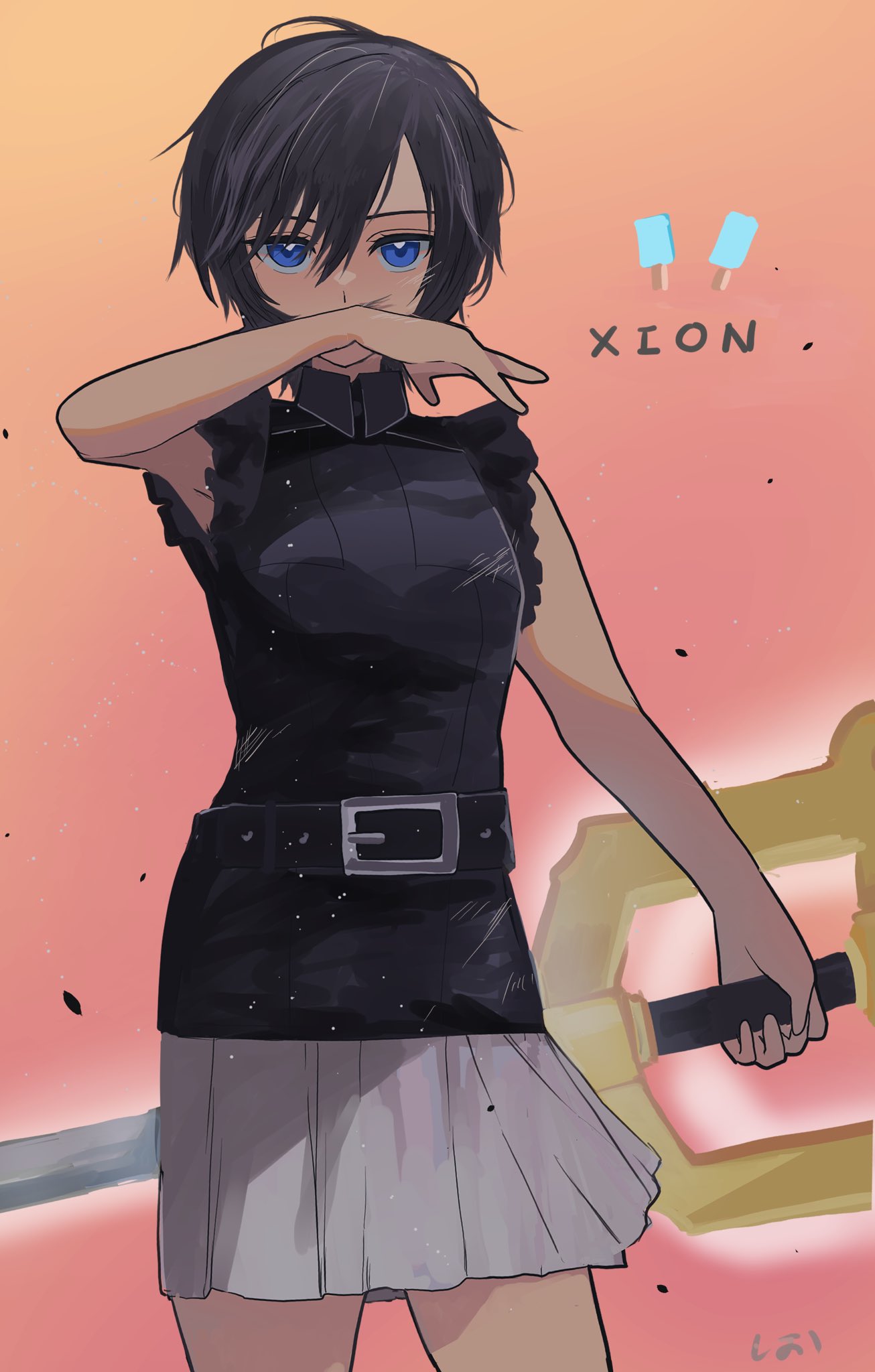 1girl belt black_belt black_hair black_shirt blue_eyes character_name cowboy_shot food hair_between_eyes highres holding holding_weapon keyblade kingdom_hearts kingdom_hearts_iii looking_at_viewer popsicle shirt short_hair skirt sleeveless sleeveless_shirt solo weapon white_skirt xion_(kingdom_hearts) xionnoewokakuyo