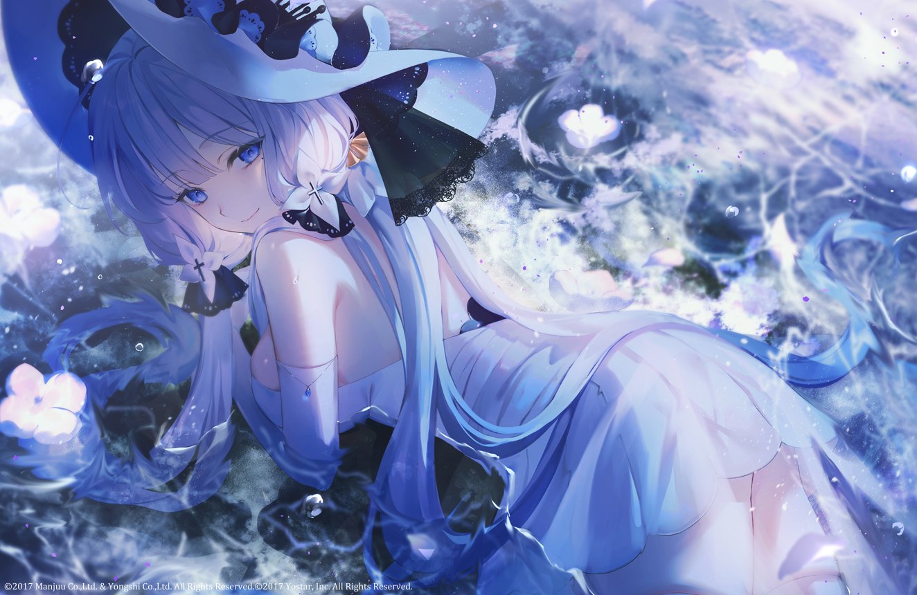 1girl achiki azur_lane backless_dress backless_outfit bare_back bare_shoulders blue_gemstone breasts closed_mouth cross dress elbow_gloves flower gem gloves hair_flower hair_ornament hat illustrious_(azur_lane) large_breasts light_smile looking_at_viewer looking_back low_twintails lying mole mole_under_eye official_art on_stomach purple_eyes smile twintails white_dress white_flower white_gloves white_hair white_headwear