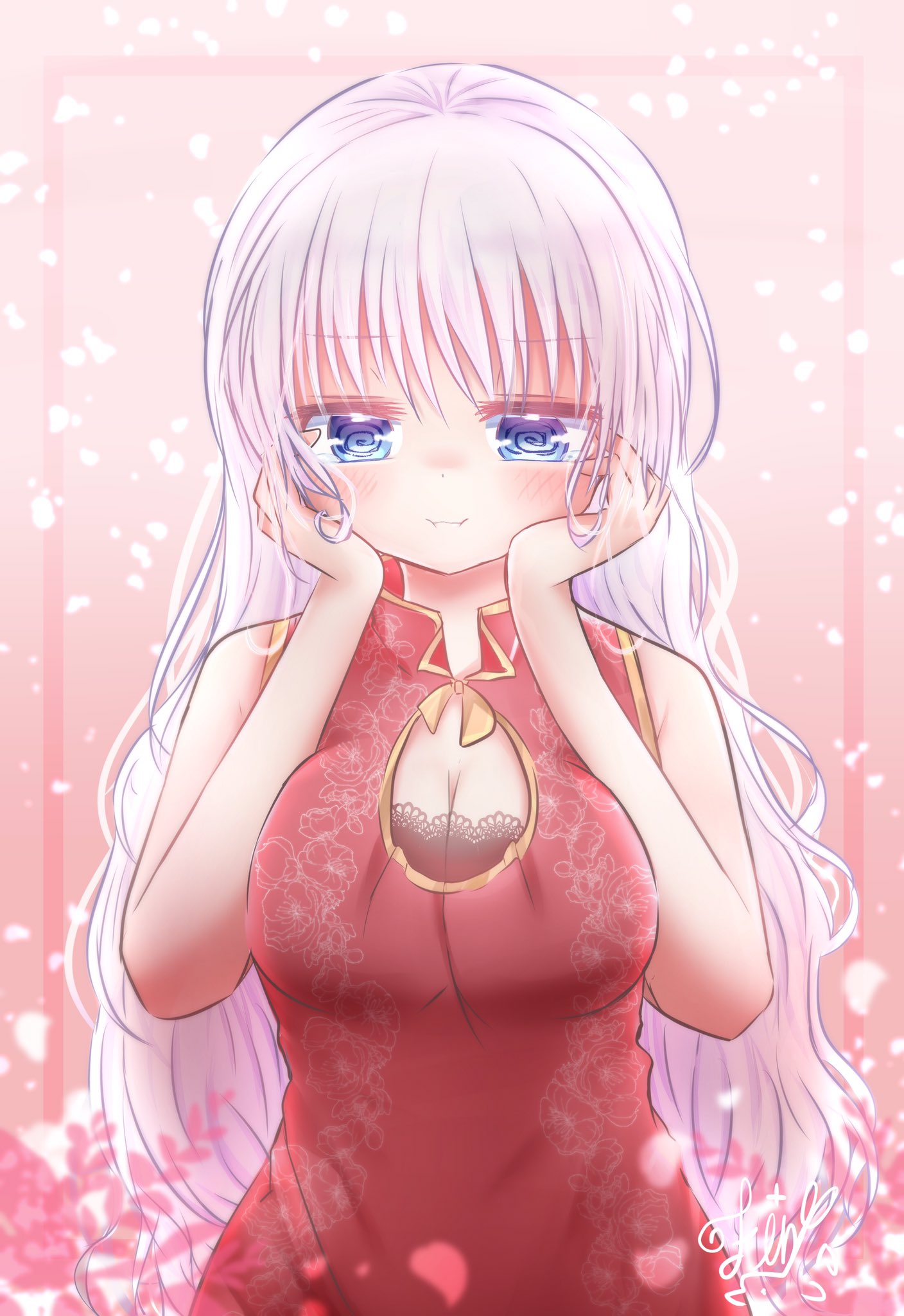 1girl :i @_@ alternate_costume blue_eyes blush breasts china_dress chinese_clothes cleavage cleavage_cutout closed_mouth clothing_cutout commentary_request commission curvy dress embarrassed eyelashes falling_petals floral_print hair_between_eyes hands_on_own_cheeks hands_on_own_face highres large_breasts long_hair looking_down naruse_shiroha petals pink_background red_dress signature simple_background skeb_commission sleeveless sleeveless_dress solo squishing summer_pockets tearing_up tears upper_body utuigawa very_long_hair wavy_hair white_hair