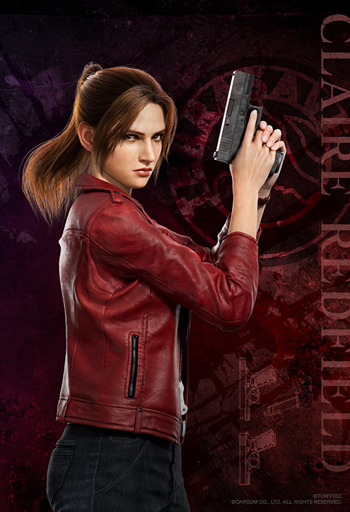 1girl black_pants character_name claire_redfield closed_mouth copyright_name darkness gun handgun high_ponytail holding holding_weapon jacket long_sleeves looking_at_viewer pants parted_bangs pocket red_jacket red_sleeves resident_evil resident_evil:_infinite_darkness solo trigger_discipline upper_body v-shaped_eyebrows weapon zipper