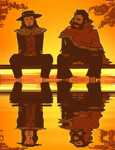 2boys animated animated_gif arms_behind_back beard couple cowboy_hat eye_contact facial_hair feet_out_of_frame graves_(league_of_legends) hair_slicked_back hat league_of_legends long_hair looking_at_another male_focus mature_male multiple_boys mustache rybiok short_hair sitting sunset thick_eyebrows tree twisted_fate yaoi