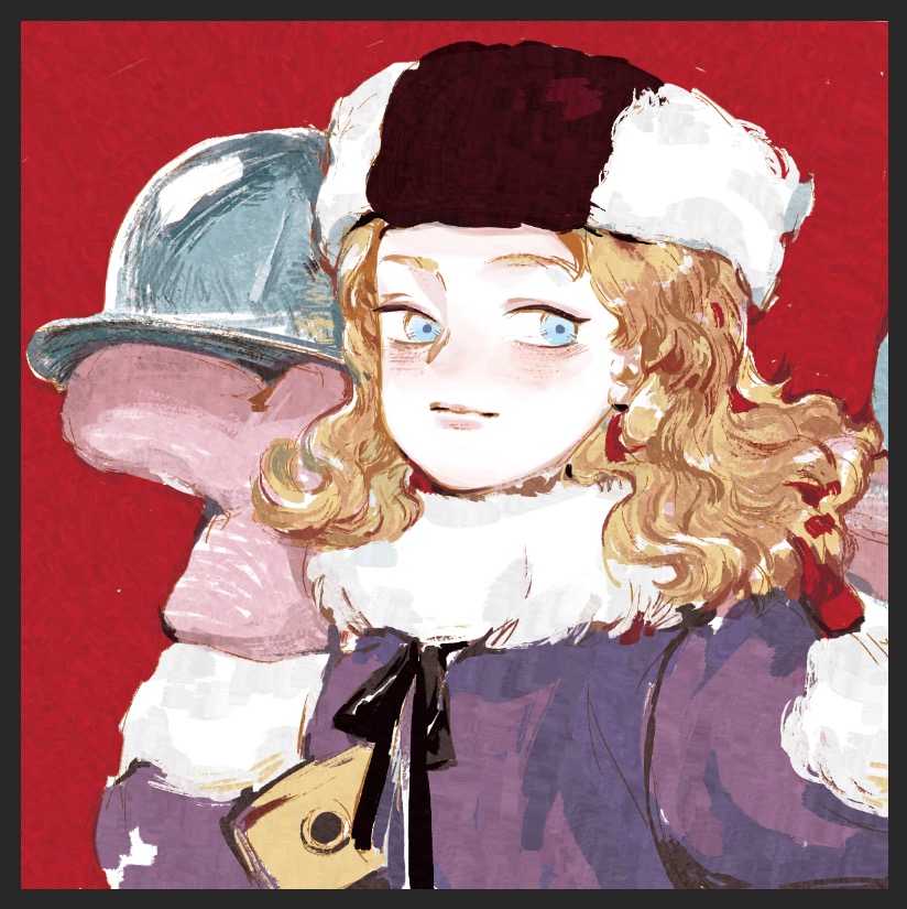 1girl ace_attorney arm_up black_border black_ribbon blonde_hair blue_eyes blush border closed_mouth coat curly_hair fur-trimmed_coat fur_hat fur_scarf fur_trim hat holding holding_tray long_sleeves looking_at_viewer medium_hair mittens neck_ribbon olga_orly pink_mittens purple_coat red_background ribbon scarf serving_dome solo tray two-tone_headwear white_scarf zhengyidehaoyoulu