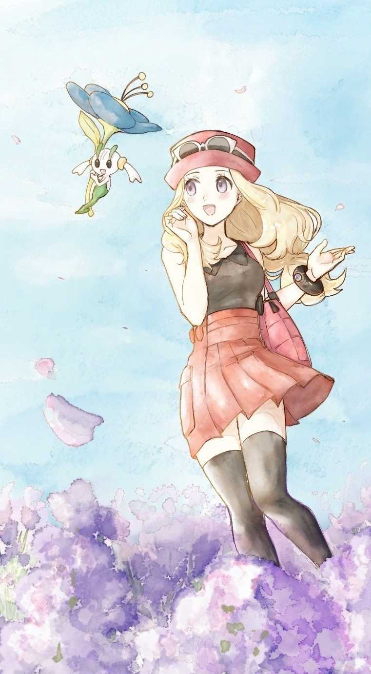 1girl :d asuka_rkgk blonde_hair bracelet collared_shirt day eyelashes eyewear_on_headwear falling_petals floette flower grey_eyes hat highres jewelry long_hair open_mouth outdoors petals pleated_skirt pokemon pokemon_(creature) pokemon_(game) pokemon_xy purple_flower serena_(pokemon) shirt skirt sky sleeveless sleeveless_shirt smile standing sunglasses thighhighs