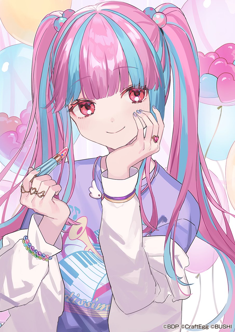 1girl balloon bang_dream! blue_hair blunt_bangs cosmetics heart_balloon highres holding holding_lipstick_tube jewelry light_blue_hair lipstick_tube long_hair long_sleeves looking_at_viewer multicolored_hair multiple_rings nyuubara_reona off_shoulder official_art pink_eyes pink_hair purple_nails ring sarong shugao smile twintails two-tone_hair