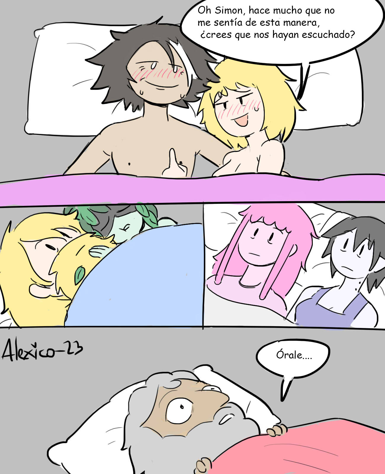 3boys 4girls :| adventure_time adventure_time:_fionna_and_cake afterglow awake awkward bags_under_eyes beard bed_sheet black_hair blank_eyes blonde_hair blush breasts camisole cleavage closed_eyes closed_mouth constricted_pupils couple expressionless facial_hair finn_the_human green_hair grey_shirt half-closed_eyes highres huntress_wizard implied_after_sex lying marceline_abadeer medium_breasts medium_hair messy_hair minerva_campbell multicolored_hair multiple_boys multiple_girls naked_sheet old old_man on_back on_bed parody pillow pink_hair pink_shirt plant_hair princess_bonnibel_bubblegum prismo purple_camisole shirt short_hair simon_petrikov sleeveless sleeveless_shirt solid_oval_eyes spanish_text streaked_hair sweat the_simpsons thecooleralexico translated vampire white_hair wide-eyed worried yuri