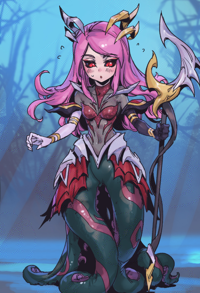 1girl :o black_sclera blush bodysuit breasts brown_bodysuit colored_sclera coven_nami covered_navel flying_sweatdrops full_body hair_ornament holding holding_staff league_of_legends long_hair looking_down medium_breasts monster_girl nami_(league_of_legends) outdoors phantom_ix_row pink_hair red_eyes scylla solo staff standing tentacles tree
