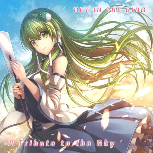 1girl bare_shoulders blue_skirt blue_sky blue_trim breasts closed_mouth cloud detached_sleeves english_text eyelashes frilled_skirt frills frog_hair_ornament game_cg get_in_the_ring gohei green_eyes green_hair hair_lift hair_ornament holding holding_gohei janne_cherry kochiya_sanae large_breasts long_hair long_sleeves looking_at_viewer midriff_peek miniskirt official_art outdoors petals shirt single_hair_tube single_sidelock skirt sky sleeve_garter sleeveless sleeveless_shirt smile snake_hair_ornament solo sunlight sunrise touhou touhou_cannonball white_shirt white_sleeves wide_sleeves wind wind_lift
