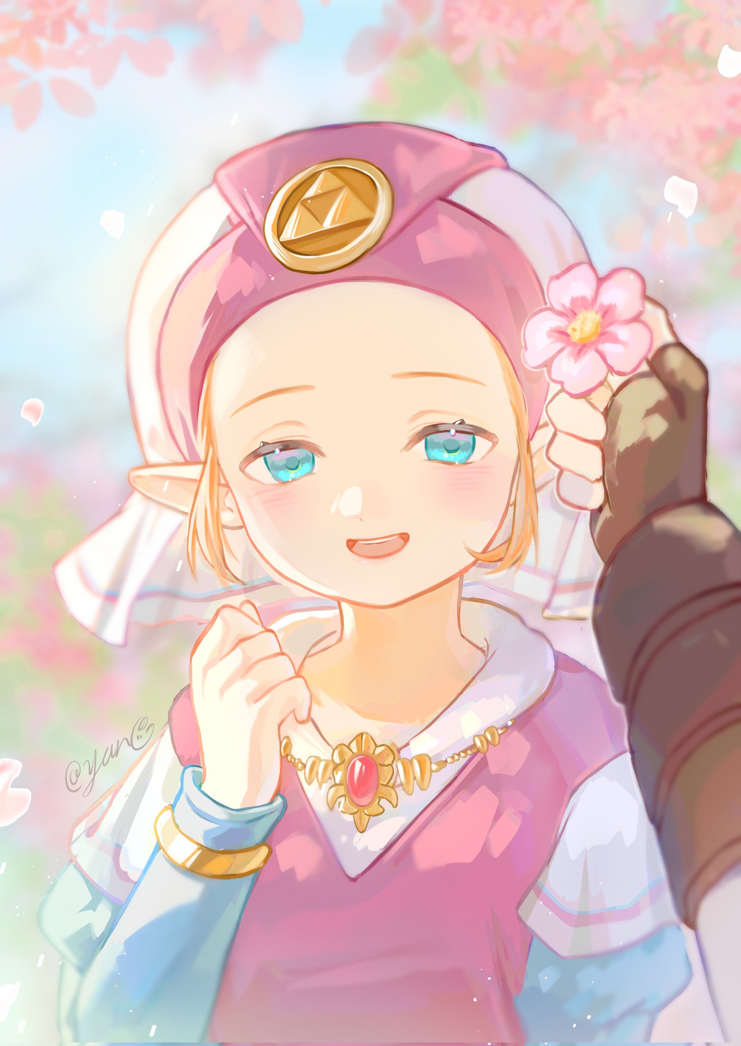 1boy 1girl aged_down blonde_hair blue_eyes blush brown_gloves cherry_blossoms child commentary dress fingerless_gloves flower gloves hand_up hat highres holding holding_flower jewelry link long_sleeves looking_at_viewer necklace open_mouth outdoors pink_flower pointy_ears pov pov_hands princess_zelda smile symbol-only_commentary the_legend_of_zelda the_legend_of_zelda:_ocarina_of_time triforce twitter_username upper_body yun_(dl2n5c7kbh8ihcx)