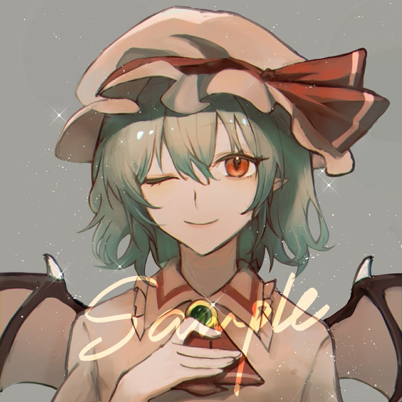 1girl ascot bat_wings black_wings blue_hair chinese_commentary closed_mouth collared_shirt commentary_request eyelashes fingernails frilled_hat frilled_shirt_collar frills gem green_gemstone grey_background hand_on_own_chest hat hat_ribbon highres komatsu2536 mob_cap one_eye_closed pointy_ears red_ascot red_eyes red_ribbon remilia_scarlet ribbon sample_watermark shirt short_hair short_sleeves slit_pupils smile solo sparkle touhou upper_body white_headwear white_shirt wings