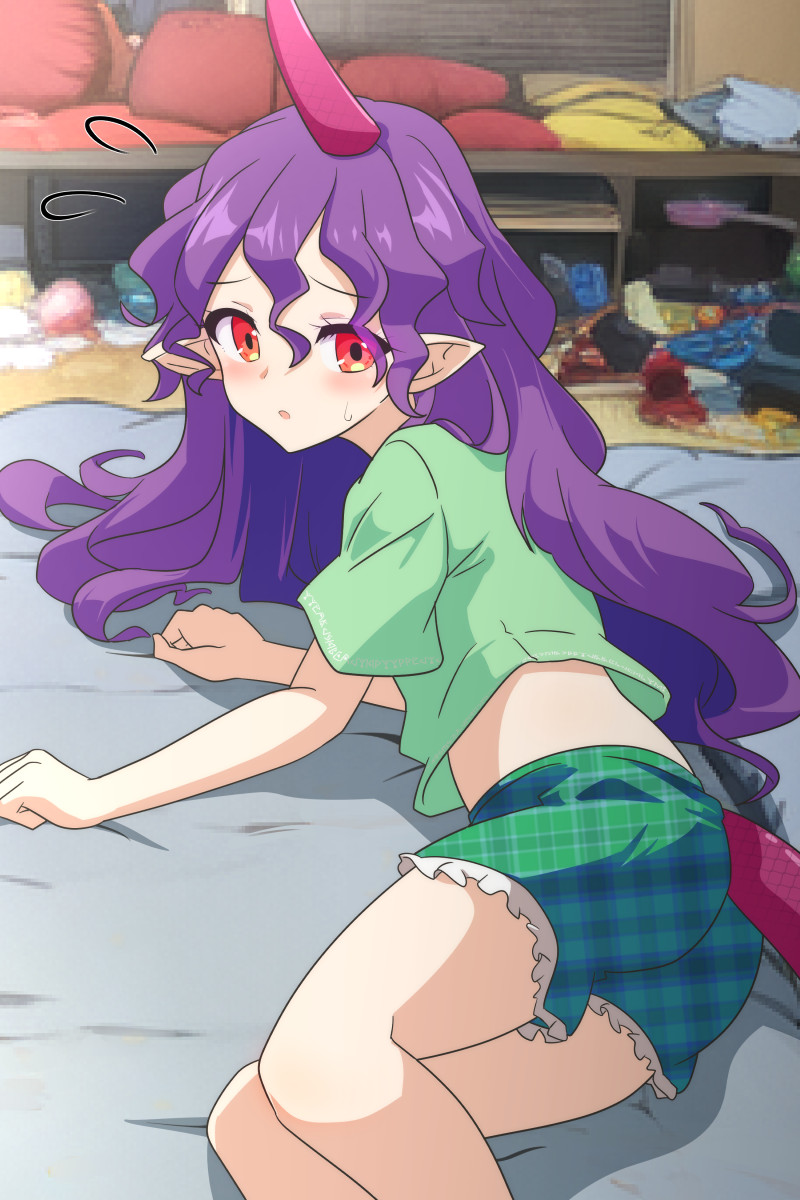 1girl blush cato_(monocatienus) green_shirt green_shorts highres horns long_hair mosaic_background parted_lips pointy_ears purple_hair purple_horns red_eyes shirt short_sleeves shorts single_horn solo tail tenkajin_chiyari touhou trash