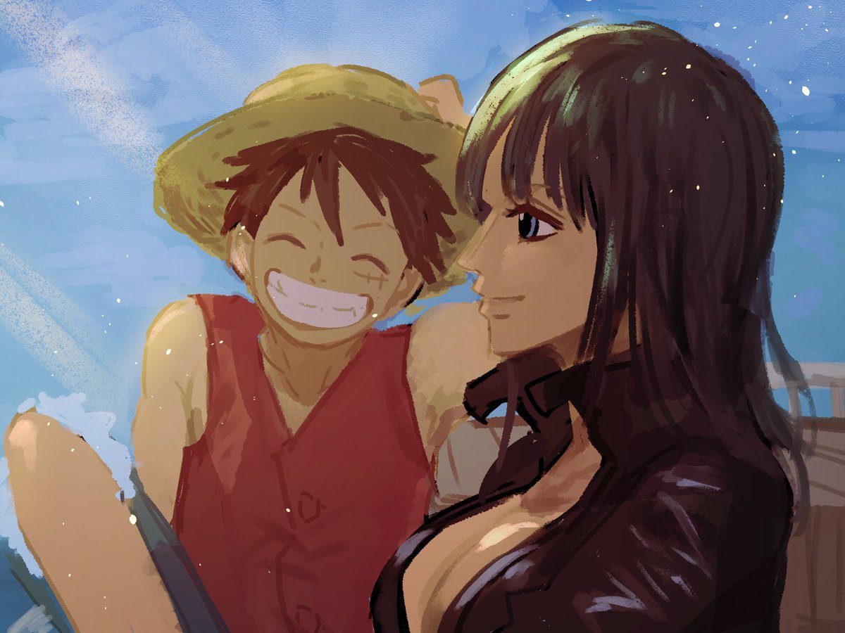 1boy 1girl ^_^ bad_id bad_twitter_id black_hair blue_eyes blunt_bangs closed_eyes hat medium_hairprofile monkey_d._luffy namagomi_(op_laaaaw_tan) nico_robin non-web_source one_piece red_shirt scar scar_on_face shirt shorts sky smile spiked_hair straw_hat upper_body