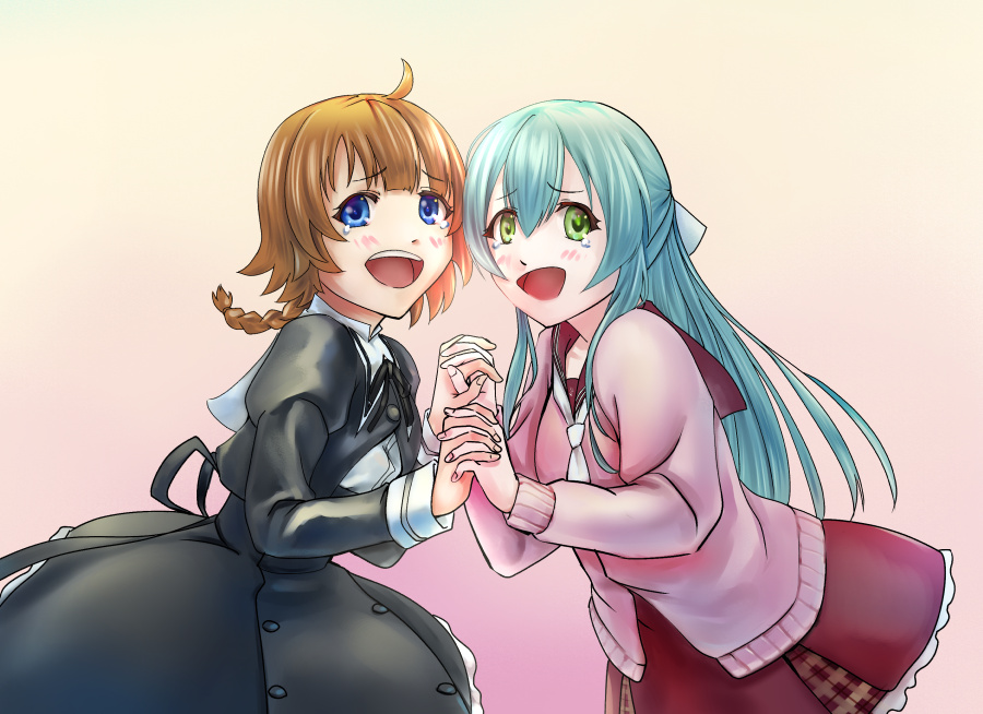 2girls ahoge aqua_hair assault_lily black_ribbon black_skirt blue_eyes blunt_bangs blush bow braid braided_ponytail brown_cardigan brown_hair cardigan commentary_request cowboy_shot cropped_jacket frilled_skirt frills from_side futagawa_fumi gradient_background green_eyes hair_between_eyes hair_bow half_updo hands_up high-waist_skirt holding_hands interlocked_fingers juliet_sleeves kanba_girls_high_school_uniform leaning_forward long_hair long_sleeves looking_at_viewer looking_to_the_side low_ponytail miniskirt multicolored_background multiple_girls neck_ribbon necktie nenshuu5man open_mouth orange_background partially_unbuttoned pink_background puffy_sleeves raised_eyebrows red_sailor_collar red_skirt ribbon sailor_collar school_uniform shirt short_necktie single_braid skirt standing tearing_up teeth toki_kureha upper_teeth_only very_long_hair white_bow white_necktie white_shirt yurigaoka_girls_academy_school_uniform