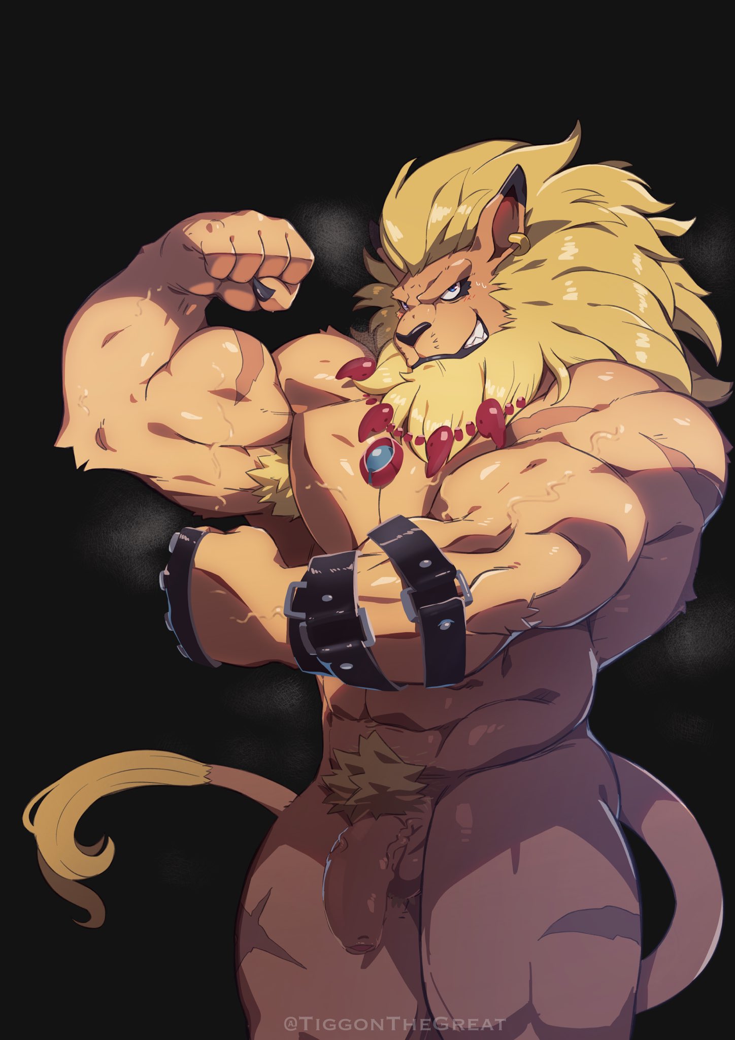 5_fingers abs anthro balls bandai_namco biceps biped blonde_hair blue_eyes blush bodily_fluids digimon digimon_(species) ear_piercing felid fingers fist flexing foreskin fur genitals grin hair hi_res humanoid_genitalia humanoid_penis jewelry kemono leomon looking_at_viewer male mammal mane muscular muscular_anthro muscular_male necklace nude pantherine pecs penis piercing pose pubes pupils slit_pupils smile solo tan_body tan_fur tan_skin tiggon_the_great vein