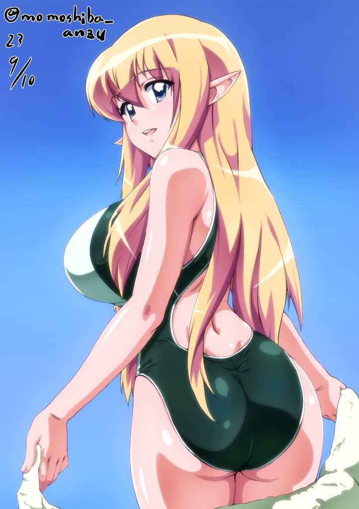 1girl ass blonde_hair blue_background dated elf holding holding_towel long_hair looking_at_viewer looking_back nafta one-piece_swimsuit parted_lips pointy_ears signature simple_background smile solo swimsuit teeth tiffania_westwood towel upper_teeth_only zero_no_tsukaima