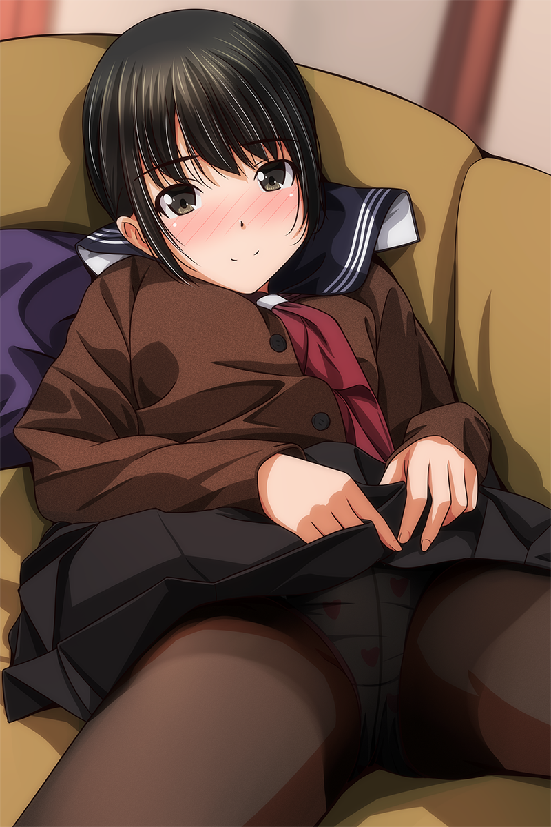 1girl black_hair black_skirt blurry blush brown_pantyhose buttons cardigan clothes_lift depth_of_field feet_out_of_frame heart heart_print highres indoors lifted_by_self looking_at_viewer lying matsunaga_kouyou necktie nose_blush on_back original panties panties_under_pantyhose pantyhose pleated_skirt print_panties red_necktie school_uniform serafuku short_hair skirt skirt_lift smile solo spread_legs thighs underwear uniform winter_uniform