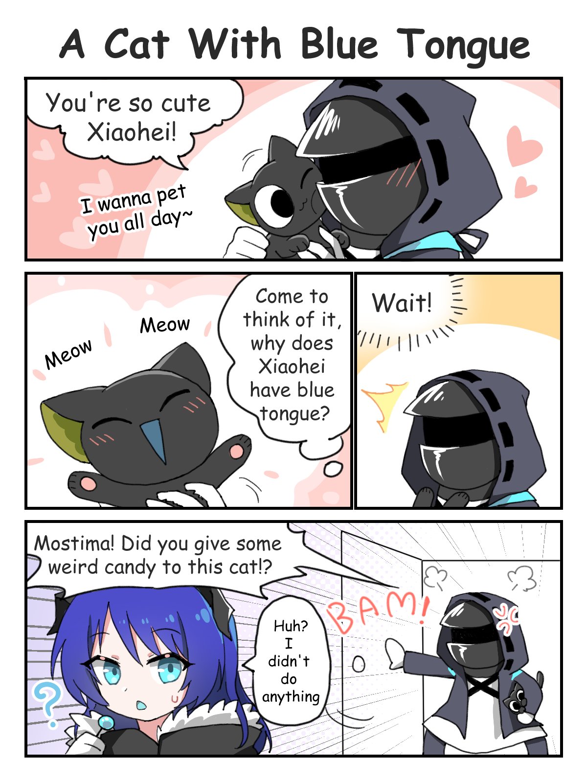 1boy 1girl 1other ? ambiguous_gender angry arknights black_cat blue_tongue blush cat colored_tongue confused doctor_(arknights) english_text gloves heart highres hood luo_xiaohei luo_xiaohei_zhanji mostima_(arknights) petting right-to-left_comic rinzy speech_bubble surprised sweatdrop white_gloves