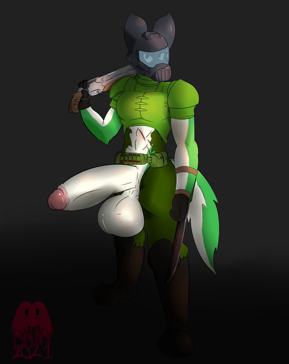 2021 anthro armor balls big_balls big_penis biped bottomwear brown_clothing canid canine canis cesar_(cesaroma71) clothing footwear fur genitals glans green_body green_clothing green_fur green_tail gun half-erect holding_gun holding_object holding_shotgun holding_weapon huge_balls huge_penis legwear male mammal pants penis pink_penis ranged_weapon scar signature solo succubusbnny tail topwear weapon white_balls white_body white_fur white_penis white_tail wolf