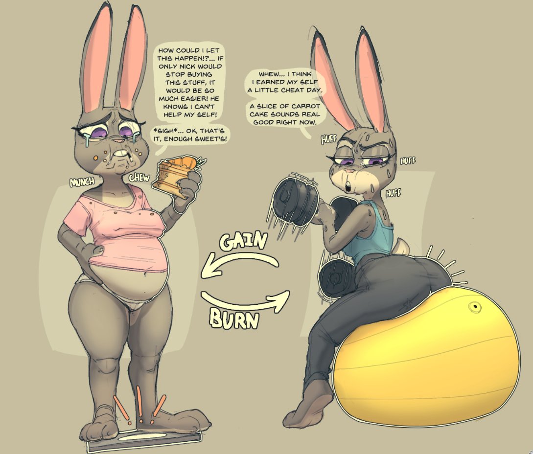 anthro belly big_butt bodily_fluids bottomwear bra buckteeth butt cake clothing crying dessert disney dumbbell eating english_text exclamation_point exercise exercise_ball female food grey_body judy_hopps lagomorph leporid mammal navel onomatopoeia panties pants purple_eyes rabbit shirt sixsidesofmyhead slightly_chubby solo sound_effects speech_bubble sports_bra sweat tears teeth text thick_thighs topwear underwear weight_scale weights yoga_pants zootopia