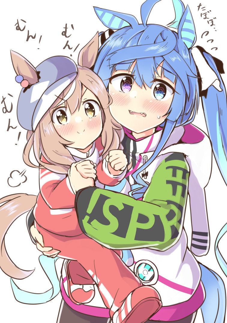 2girls =3 @_@ aged_down ahoge animal_ears animal_hood ayame_riyo black_pantyhose blue_eyes blush bow cabbie_hat carrying child_carry closed_mouth clothes_writing commentary crossed_bangs drawstring ear_down ears_through_headwear hair_bow hands_up hat heterochromia hood hoodie horse_ears horse_girl horse_tail light_brown_hair long_hair long_sleeves looking_at_viewer matikane_tannhauser_(umamusume) multicolored_clothes multicolored_hair multicolored_hoodie multiple_girls open_mouth pantyhose purple_eyes rabbit_hood sidelocks smile streaked_hair tail tracen_training_uniform translation_request twin_turbo_(umamusume) twintails umamusume v-shaped_eyebrows wavy_mouth white_background yellow_eyes