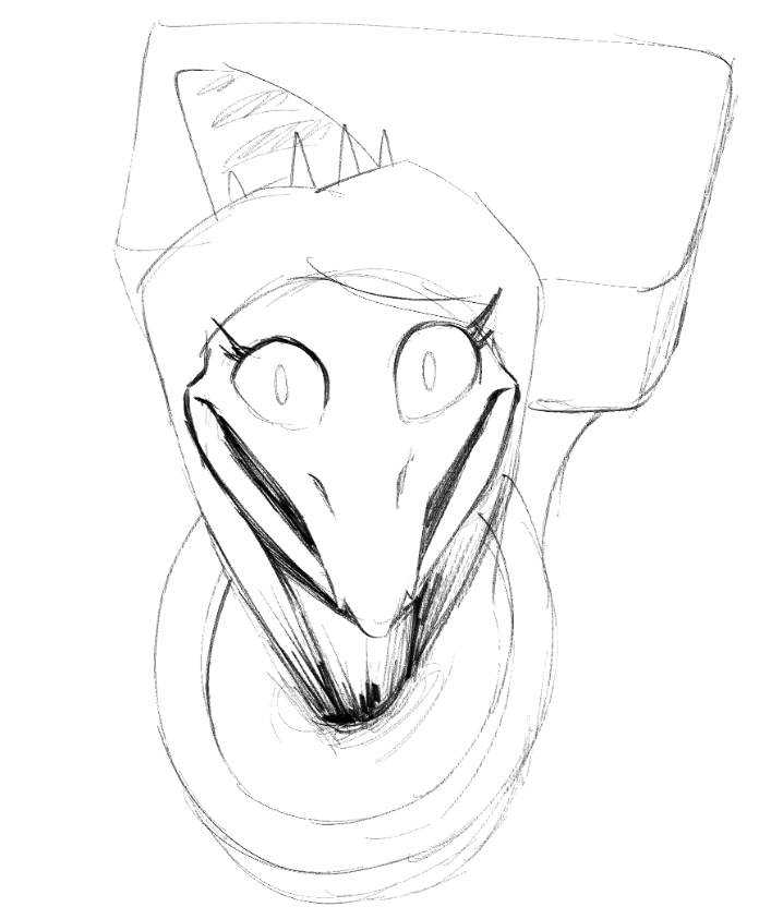 2023 anthro black_and_white cursed_image dinosaur eyelashes fang_(gvh) female goodbye_volcano_high looking_at_viewer meme monochrome pterodactylus pterosaur reptile scalie sketch skibidi_toilet smile snoot_game snout solo toilet uncanny_valley unknown_artist what_has_science_done where_is_your_god_now