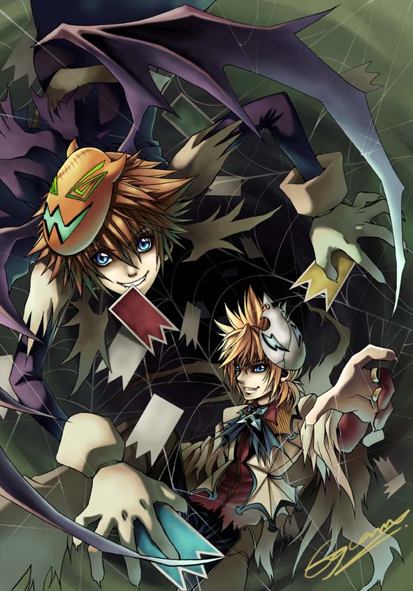 2boys all_fours alternate_costume bat_wings black_eyeshadow black_pants blonde_hair blue_eyes brown_hair card card_in_mouth claws commentary crawling eguana english_commentary engrish_commentary evil_grin evil_smile eyeshadow fang floating_card gloves grin halloween halloween_costume holding holding_card jacket kingdom_hearts kingdom_hearts_ii long_sleeves looking_at_viewer makeup male_focus mask mask_on_head mouth_hold multiple_boys official_alternate_costume open_clothes open_jacket pants reaching reaching_towards_viewer red_shirt roxas shirt short_hair signature silk smile sora_(kingdom_hearts) spider_web spiked_hair standing torn_clothes white_gloves white_jacket wings