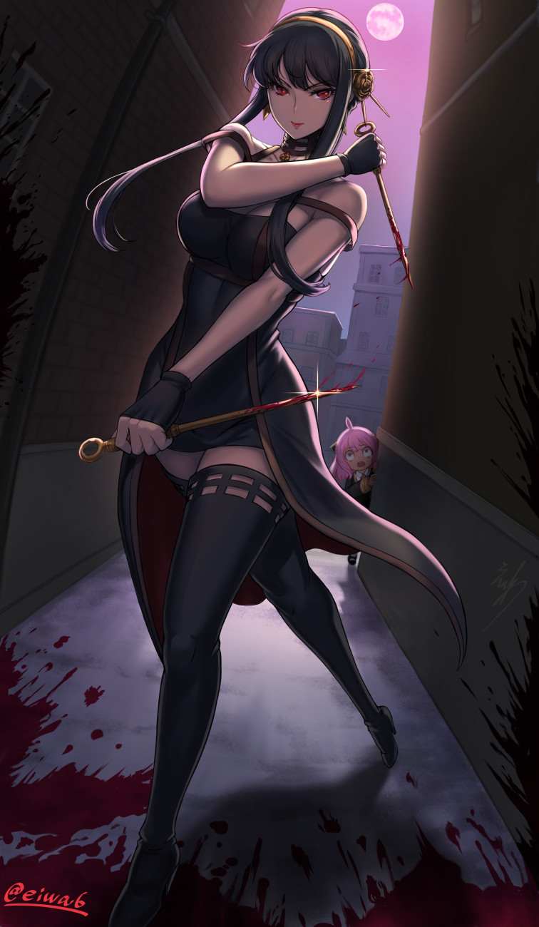 2girls anya_(spy_x_family) black_dress black_hair black_thighhighs blood blood_on_ground blood_on_wall blood_on_weapon breasts building dagger dress eiwa full_moon gold_hairband hairband hairpods highres holding holding_dagger holding_knife holding_weapon knife large_breasts moon multiple_girls night pink_hair red_eyes spy_x_family stiletto_(weapon) thighhighs two-sided_fabric weapon yor_briar