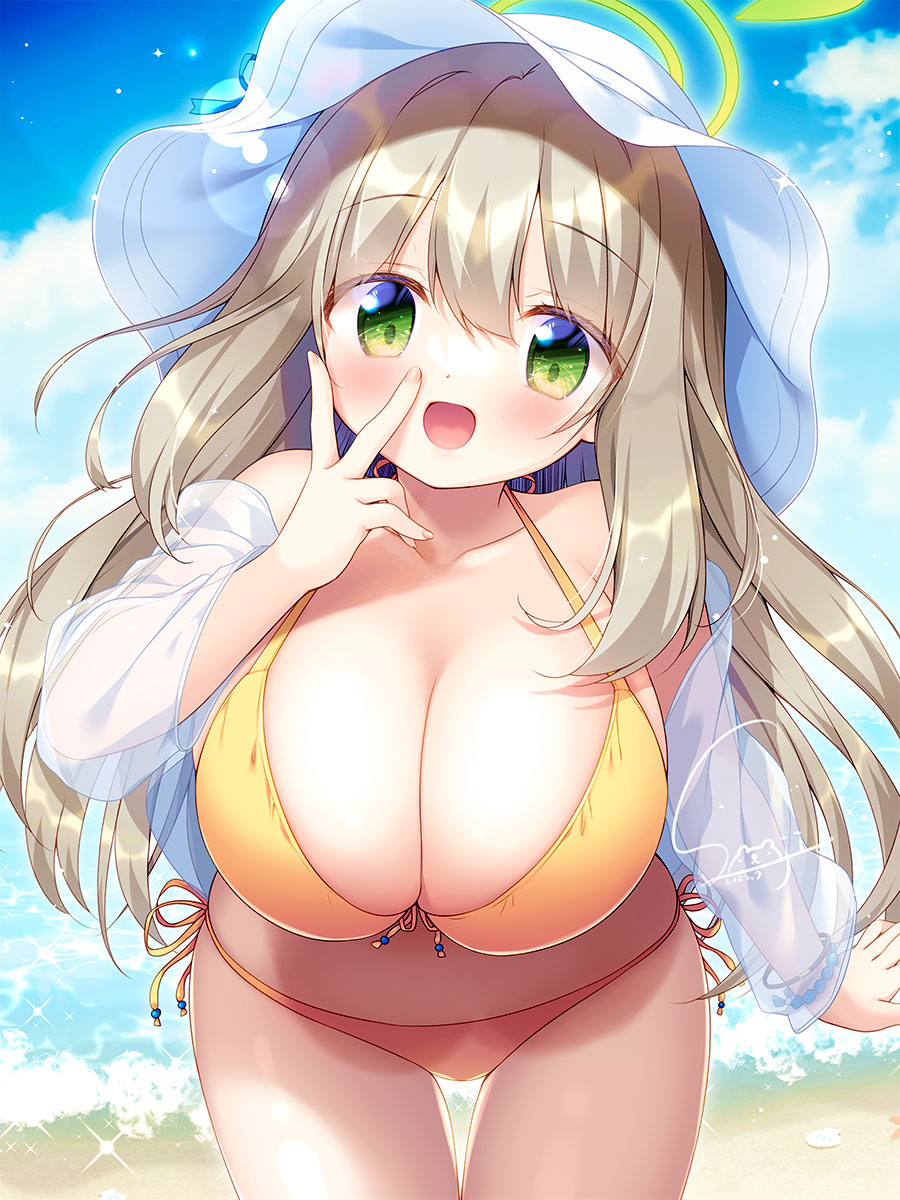 1girl beach bikini blue_archive blush breasts brown_hair cleavage cloud green_eyes halo hand_to_own_mouth hat highres large_breasts leaning_forward long_hair looking_at_viewer nonomi_(blue_archive) nonomi_(swimsuit)_(blue_archive) off_shoulder official_alternate_costume open_clothes open_shirt outdoors sasai_saji shirt side-tie_bikini_bottom sky solo sun_hat swimsuit thigh_gap thighs white_headwear white_shirt yellow_bikini