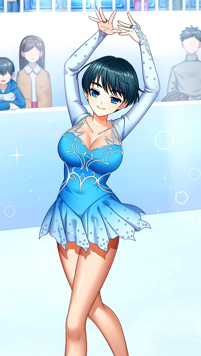 1girl arms_up audience bare_legs black_hair blue_dress blue_eyes bob_cut breasts bridal_gauntlets cleavage closed_mouth collarbone doukyuusei_2 doukyuusei_another_world dress figure_skating figure_skating_dress game_cg large_breasts pleated_dress shinohara_izumi short_dress short_hair shrug_(clothing) smile solo