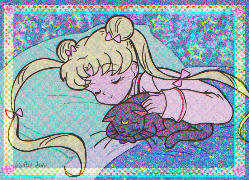 animal bishoujo_senshi_sailor_moon black_cat blonde_hair bow cat closed_eyes double_bun hair_bow hair_bun happy luna_(sailor_moon) on_bed pink_bow retro_artstyle sailor_moon sleeping smile star_(symbol) yui_(jisatsu)