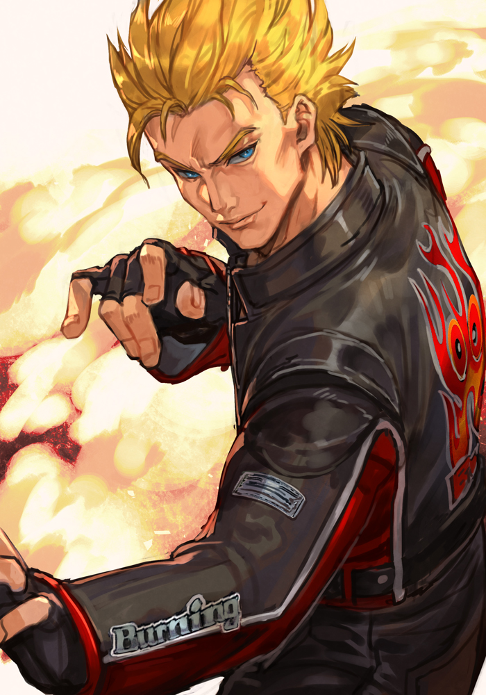 1boy black_gloves blonde_hair blue_eyes cowboy_shot fingerless_gloves fire gloves hungry_clicker jacket jacky_bryant leather leather_jacket looking_to_the_side male_focus solo spiked_hair virtua_fighter virtua_fighter_5 white_background