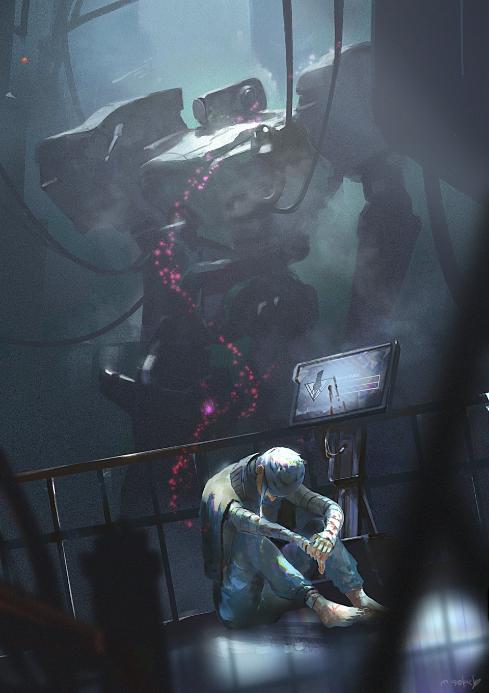 1boy 621_(armored_core_6) armored_core armored_core_6 artist_name bandaged_arm bandaged_head bandages barefoot blood commentary_request grey_hair highres looking_down mecha miso_katsu monitor on_floor railing robot science_fiction short_hair sitting