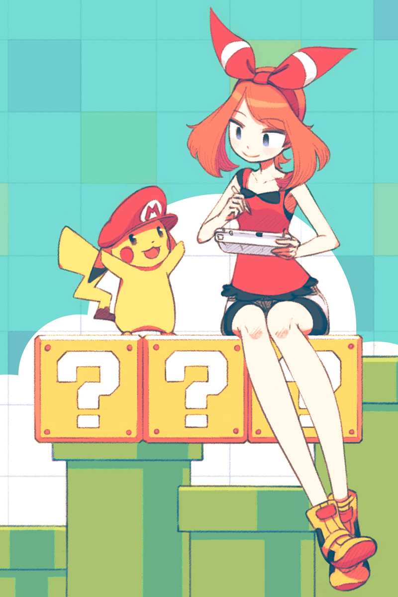 2015 ambiguous_gender clothing controller crossover day duo eye_contact female footwear game_controller generation_1_pokemon happy hat headgear headwear hi_res human looking_at_another makaroll mammal mario_bros may_(pokemon) nintendo nintendo_controller open_mouth open_smile pikachu pokemon pokemon_(species) semi-anthro shoes sitting smile wii_u wii_u_gamepad