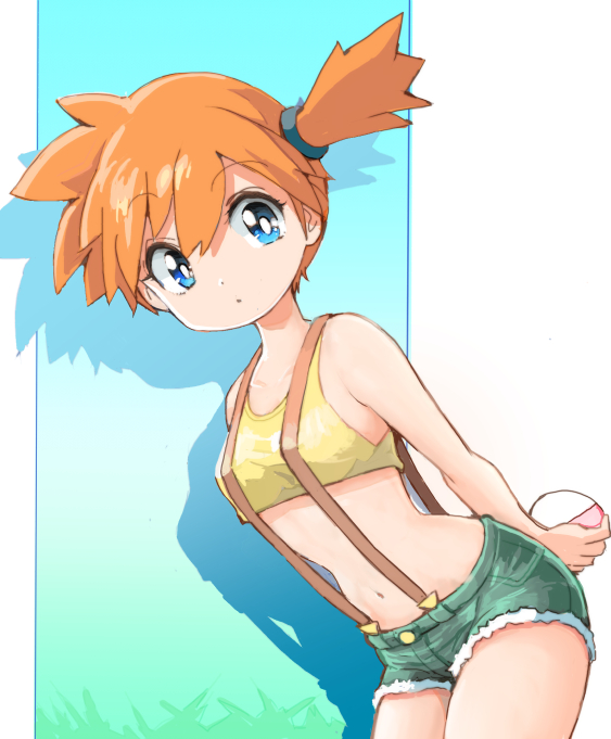 1girl arm_behind_back bare_arms blue_eyes bright_pupils closed_mouth commentary_request cowboy_shot cropped_shirt green_shorts holding holding_poke_ball leaning_forward looking_at_viewer menome misty_(pokemon) navel orange_hair poke_ball poke_ball_(basic) pokemon pokemon_(anime) pokemon_(classic_anime) shirt short_hair short_shorts shorts side_ponytail sleeveless sleeveless_shirt solo suspenders white_pupils yellow_shirt