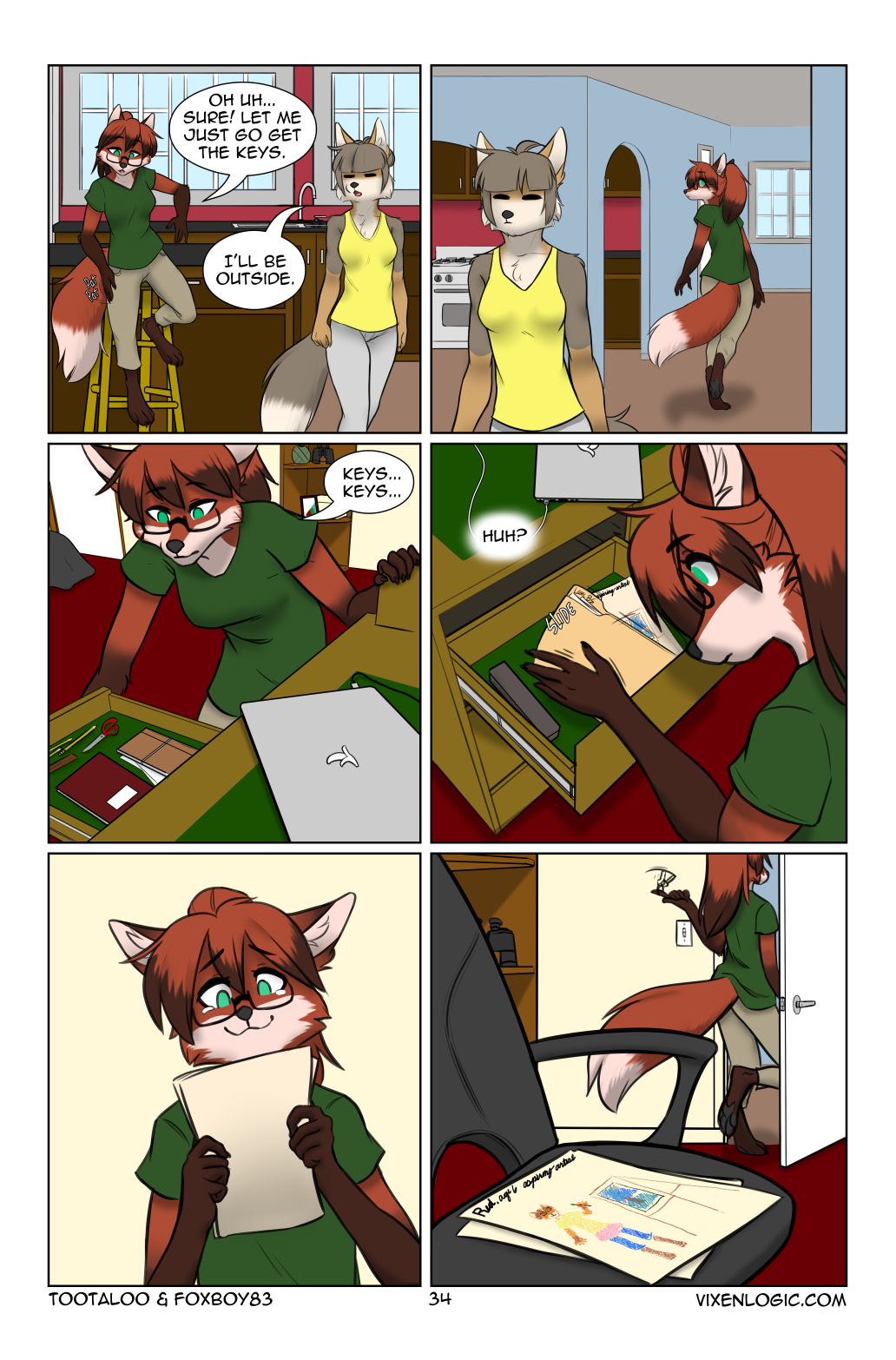 anthro appliance black_nose bottomwear breasts brown_body brown_fur brown_highlights brown_markings canid canine chair cheek_tuft chest_tuft clothed clothing colored comic computer day desk dialogue digital_media_(artwork) dipstick_ears dipstick_hair dipstick_tail drawing duo eyewear facial_tuft female ferra_(vixen_logic) fox foxboy83 fully_clothed fur furniture glasses gloves_(marking) green_clothing green_eyes green_shirt green_topwear grey_body grey_bottomwear grey_clothing grey_fur grey_hair grey_pants hair hi_res highlights_(coloring) inside key kitchen kitchen_appliance laptop leg_markings mammal markings multicolored_ears notebook oven pants ponytail red_(vixen_logic) red_body red_fox red_fur red_hair shirt sink socks_(marking) speech_bubble table tail tail_markings tank_top tibetan_sand_fox tied_hair tootaloo topwear tuft white_body white_fur yellow_clothing yellow_shirt yellow_tank_top yellow_topwear