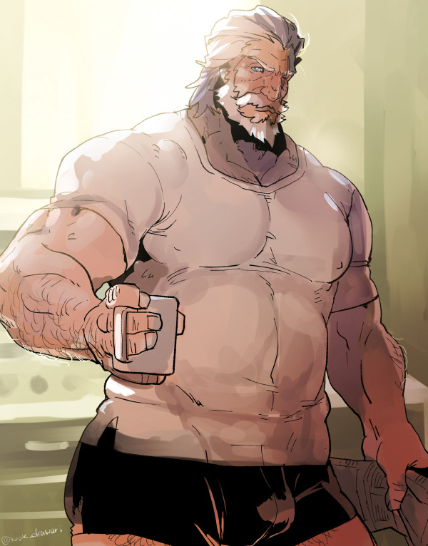 1boy alternate_costume arm_hair bara beard belly black_male_underwear boxers bulge chest_hair covered_nipples cowboy_shot cup facial_hair hair_slicked_back hairy holding holding_cup karipaku large_pectorals leg_hair looking_at_viewer male_focus male_underwear mature_male medium_hair mug muscular muscular_male mustache old old_man overwatch pectorals plump reinhardt_(overwatch) scar scar_across_eye shirt solo standing stomach sunlight thick_thighs thighs underwear white_hair white_shirt wrinkled_skin