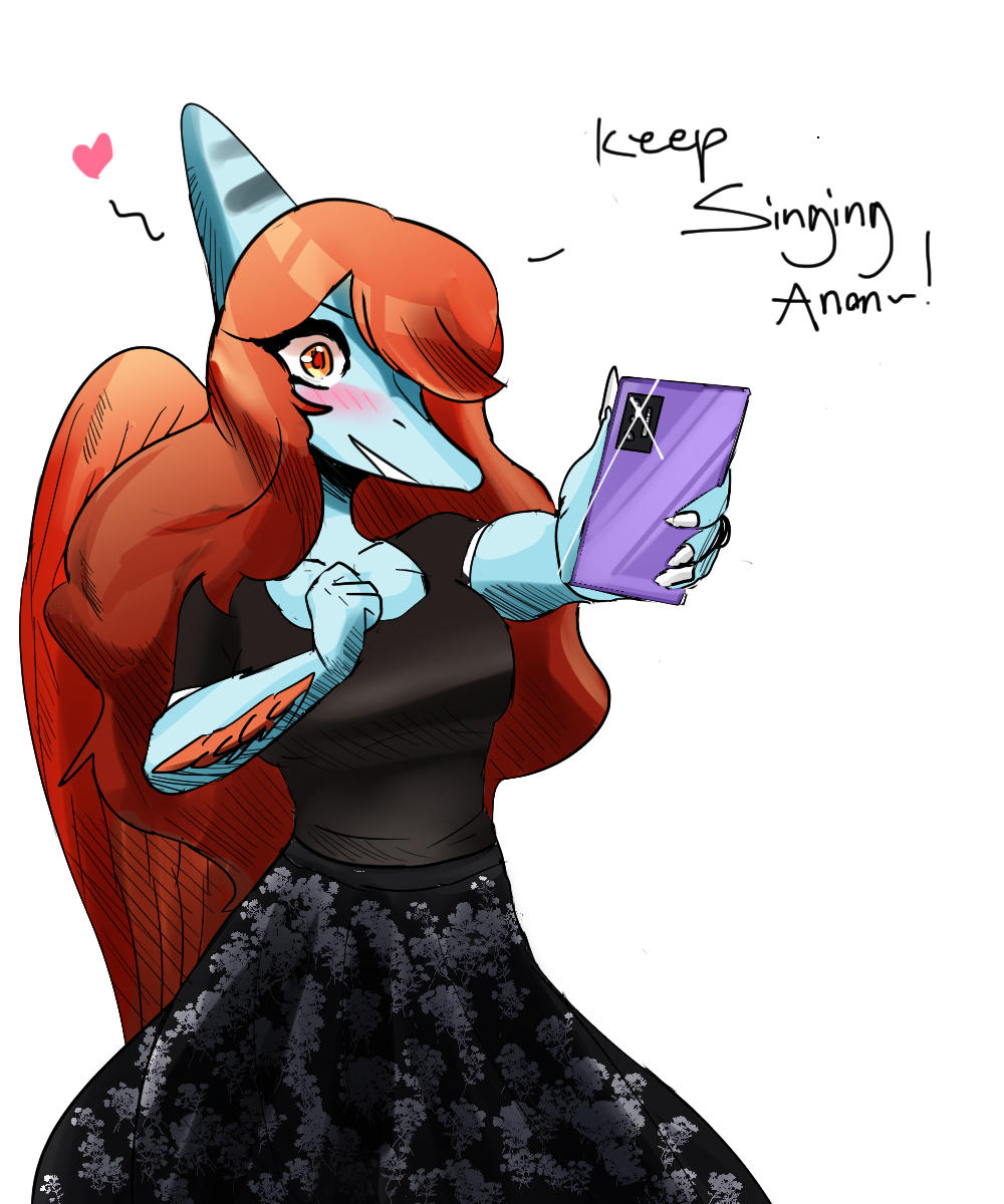 anthro blue_body blush clothed clothing dialogue dinosaur english_text fang_(gvh) feathered_wings feathers female goodbye_volcano_high hair hi_res long_hair long_snout orange_eyes phone pterodactylus pterosaur red_hair reptile rexhastala scalie simple_background snoot_game_(fan_game) snout solo talking_to_viewer text white_background wings