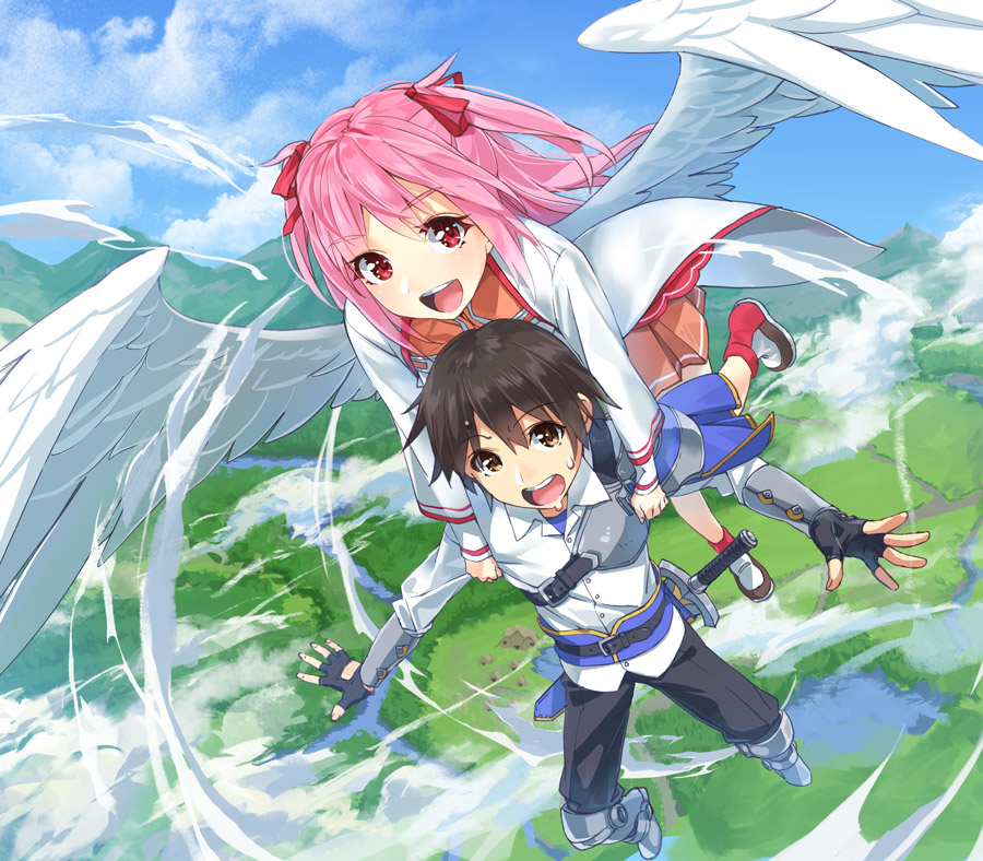 1boy 1girl angel armored_boots black_hair black_pants boots brown_hair carrying carrying_person fingerless_gloves gloves long_sleeves minamijuuji_sei official_art open_mouth orange_skirt original outdoors pants pink_hair red_eyes skirt sky sword virgo_(yasei_no_last_boss) weapon white_wings wings yahako yasei_no_last_boss_ga_arawareta