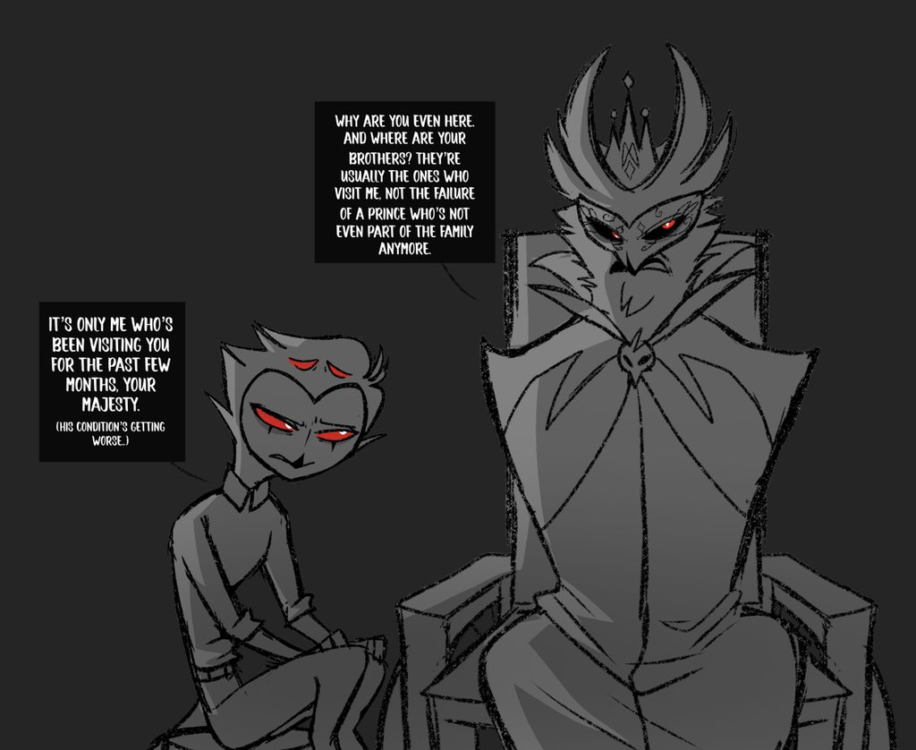 anthro avian bird cape clothing crown dialogue duo father father_and_child father_and_son grey_background hair headgear helluva_boss looking_up male owl owl_demon paimon_(helluva_boss) parent parent_and_child red_eyes short_hair simple_background sitting son speech_bubble stolas_(helluva_boss) teathekook text wheelchair white_text